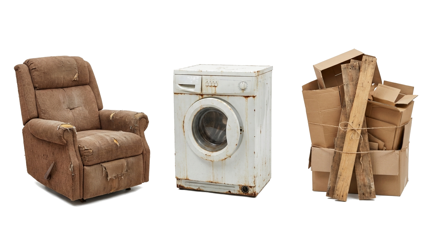 Old furniture, broken appliances, and junk ready for removal